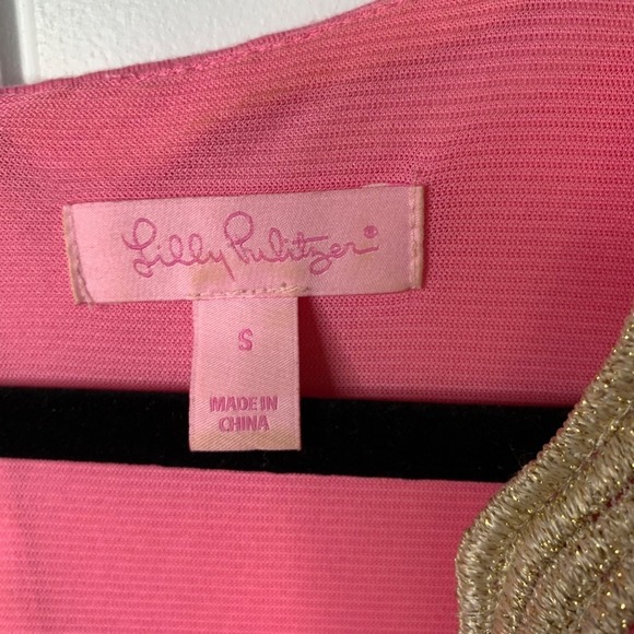 Lilly Pulitzer Sleeveless‎ Sheath Dress Gold Trim Pink Cotton Blend Size Small - Picture 4 of 6